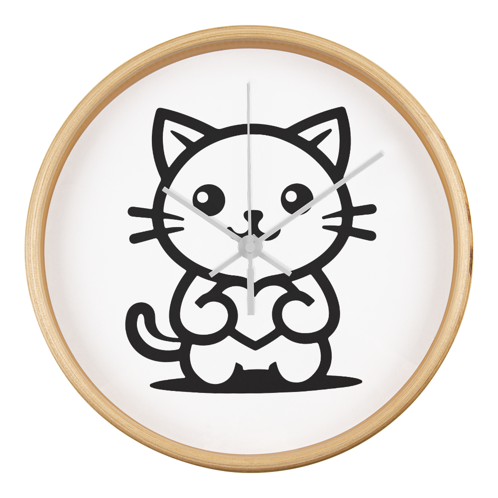 Line art drawing of a cat on a 10" wood frame "Tick Tock Kitty" clock.
