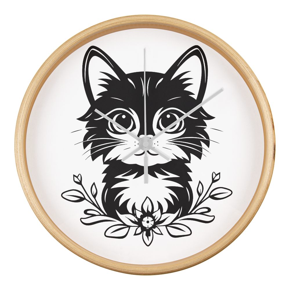 Black and white line art of a kitten sitting among flowers on a 10" wood frame "Purfect Timing" clock.