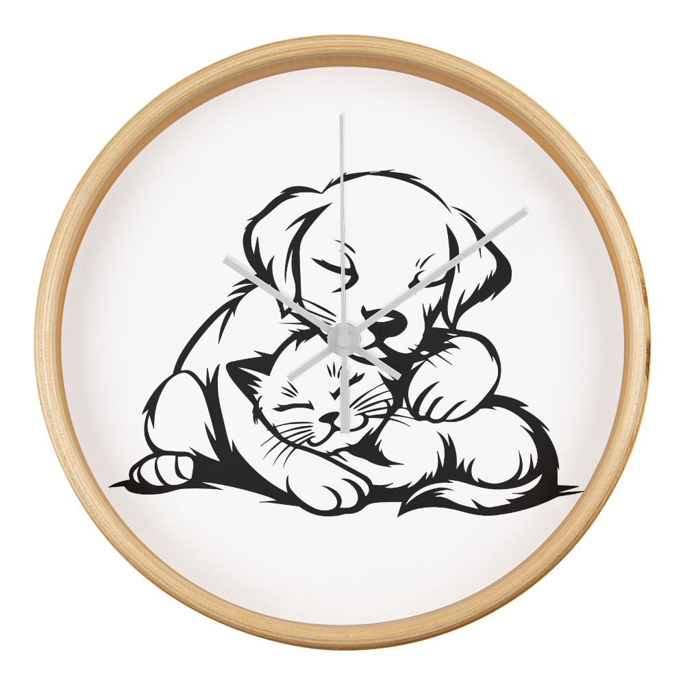 Line art drawing on the "The Art Of Love & Time" Wood Frame 10" Clock depicting a puppy gently embracing a kitten.