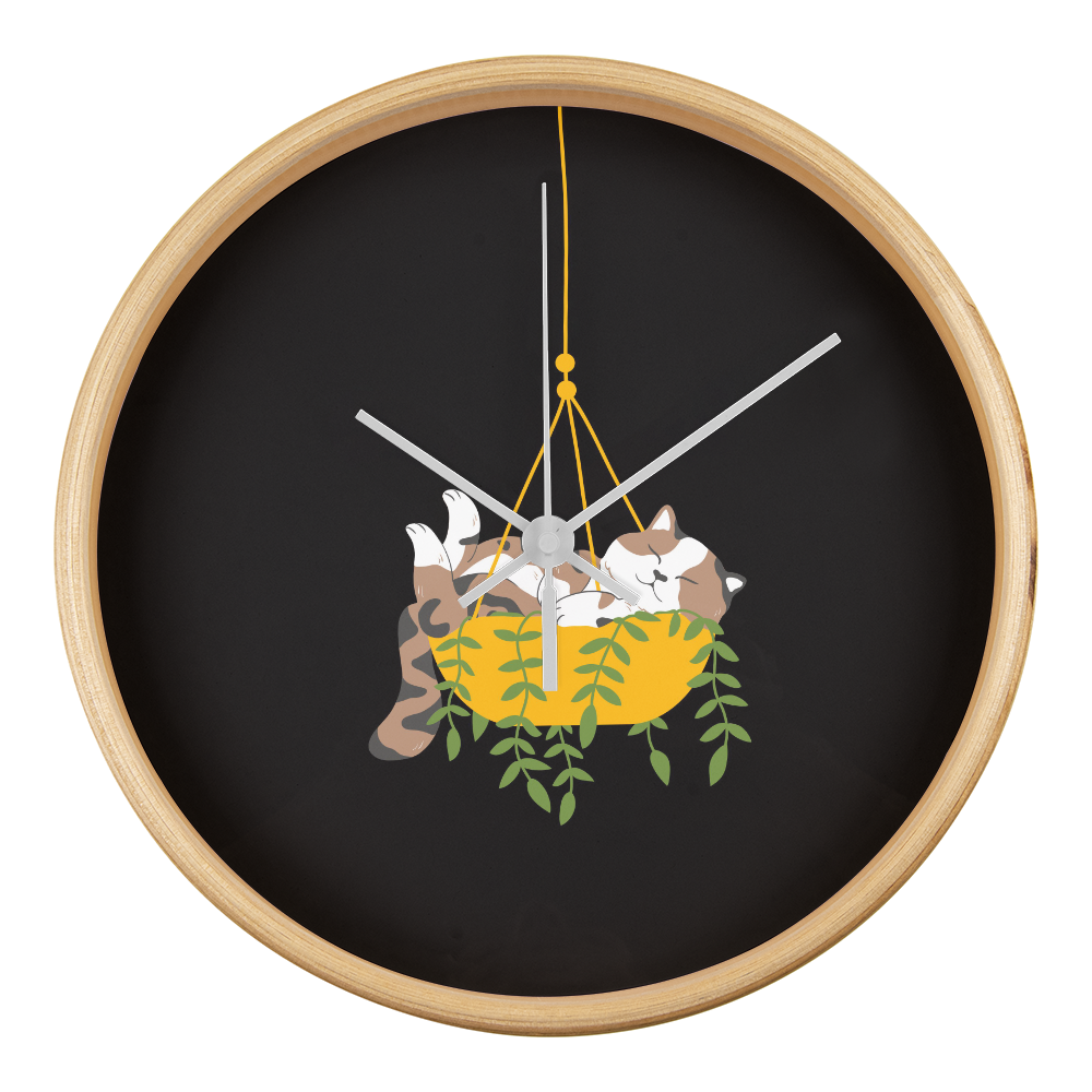 Colorful cartoon image of a cat sleeping in a hanging plant basket, imprinted on a 10" wood frame "Cozy Dozy Cat Nap" clock face.