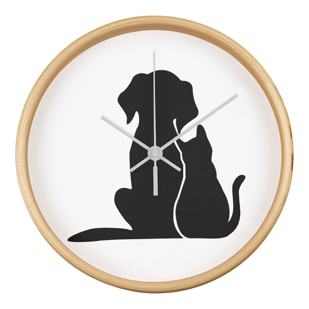 Silhouette of a cat and dog sitting closely together, depicted on the face of the "Unspeakable Bond" Wood Frame 10" Clock.