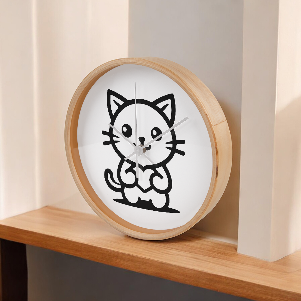 Line art drawing of a cat on a 10" wood frame "Tick Tock Kitty" clock.