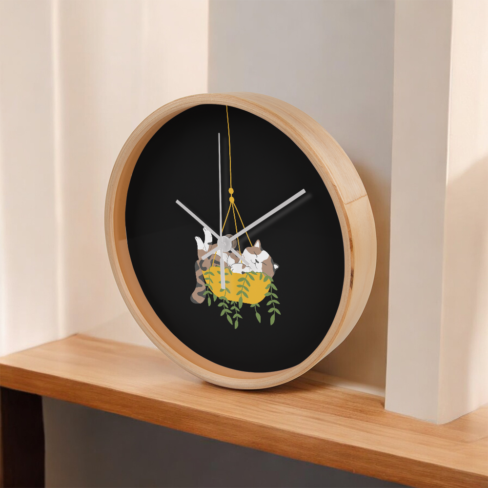 Colorful cartoon image of a cat sleeping in a hanging plant basket, imprinted on a 10" wood frame "Cozy Dozy Cat Nap" clock face.