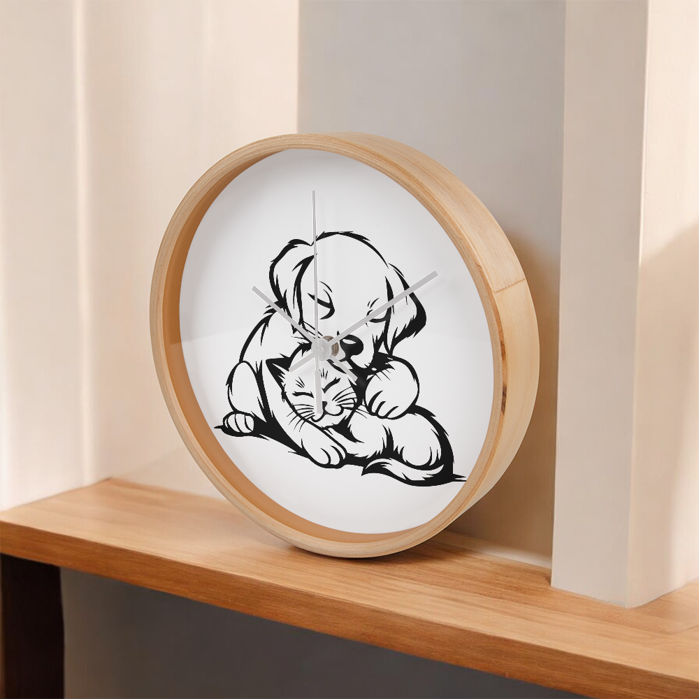 Line art drawing on the "The Art Of Love & Time" Wood Frame 10" Clock depicting a puppy gently embracing a kitten.