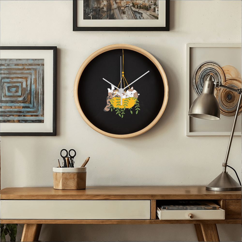 Colorful cartoon image of a cat sleeping in a hanging plant basket, imprinted on a 10" wood frame "Cozy Dozy Cat Nap" clock face.