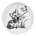  A clock featuring a line art design of a playful encounter between a curious kitten and a gentle butterfly