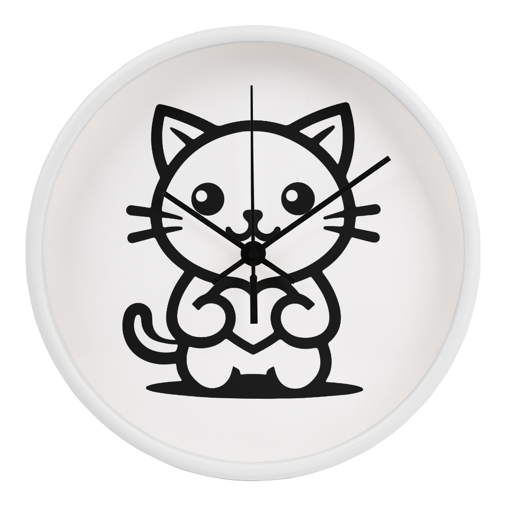Line art drawing of a cat on a 10" wood frame "Tick Tock Kitty" clock.
