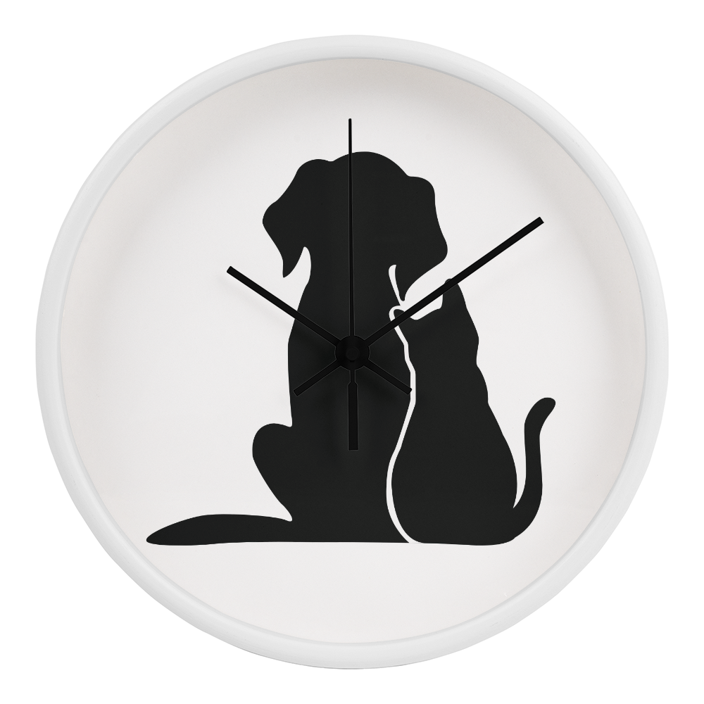 Silhouette of a cat and dog sitting closely together, depicted on the face of the "Unspeakable Bond" Wood Frame 10" Clock.