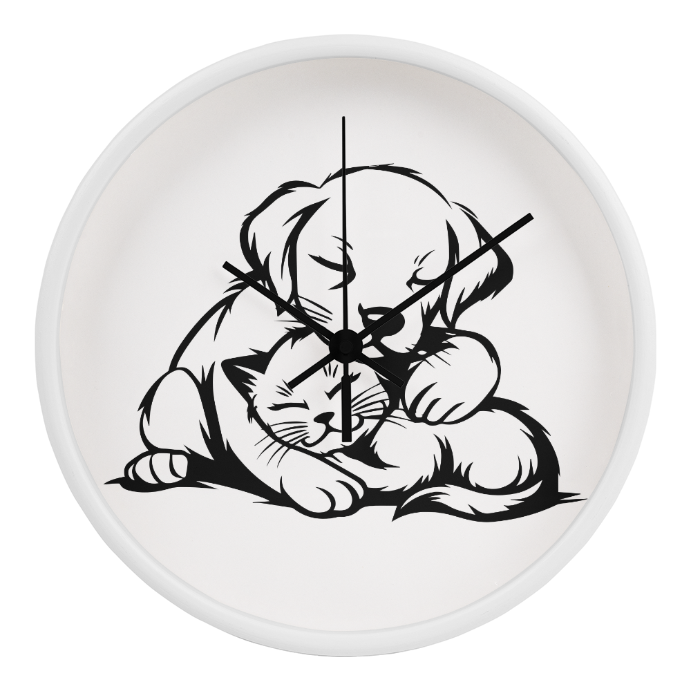 Line art drawing on the "The Art Of Love & Time" Wood Frame 10" Clock depicting a puppy gently embracing a kitten.