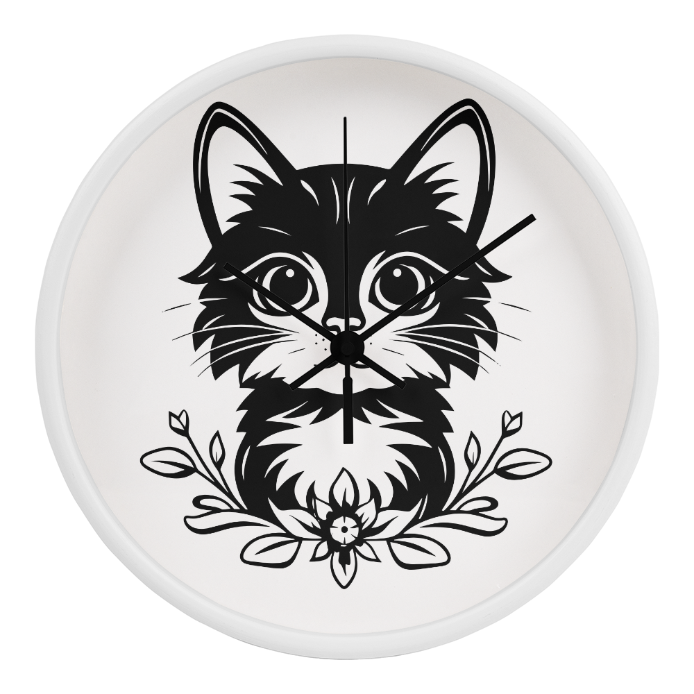 Black and white line art of a kitten sitting among flowers on a 10" wood frame "Purfect Timing" clock.