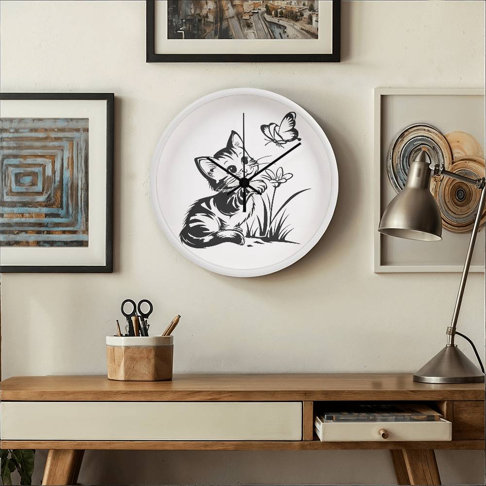 Butterfly Kitty -  Wood Frame 10” Clock