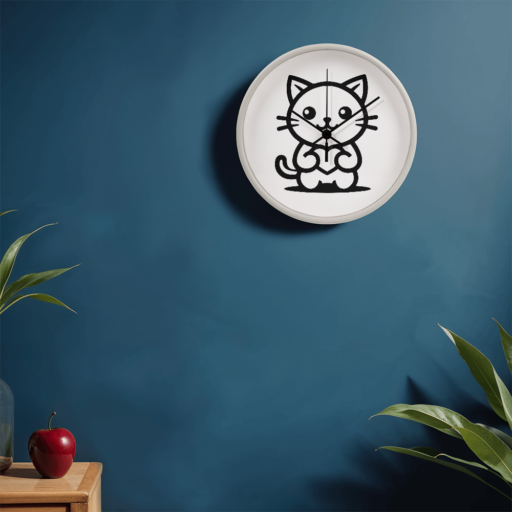 Line art drawing of a cat on a 10" wood frame "Tick Tock Kitty" clock.