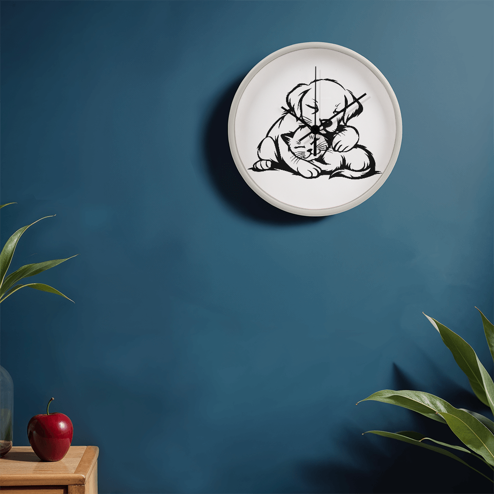 Line art drawing on the "The Art Of Love & Time" Wood Frame 10" Clock depicting a puppy gently embracing a kitten.