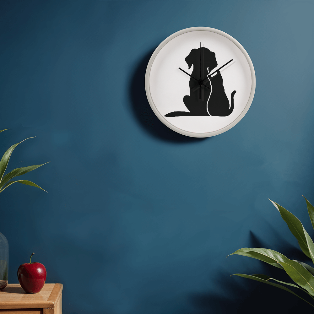 Silhouette of a cat and dog sitting closely together, depicted on the face of the "Unspeakable Bond" Wood Frame 10" Clock.