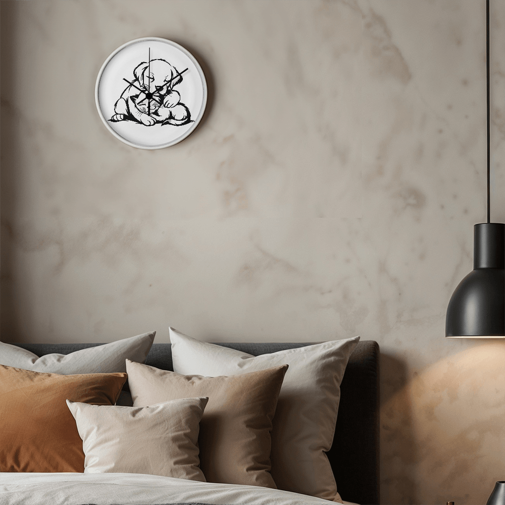 Line art drawing on the "The Art Of Love & Time" Wood Frame 10" Clock depicting a puppy gently embracing a kitten.