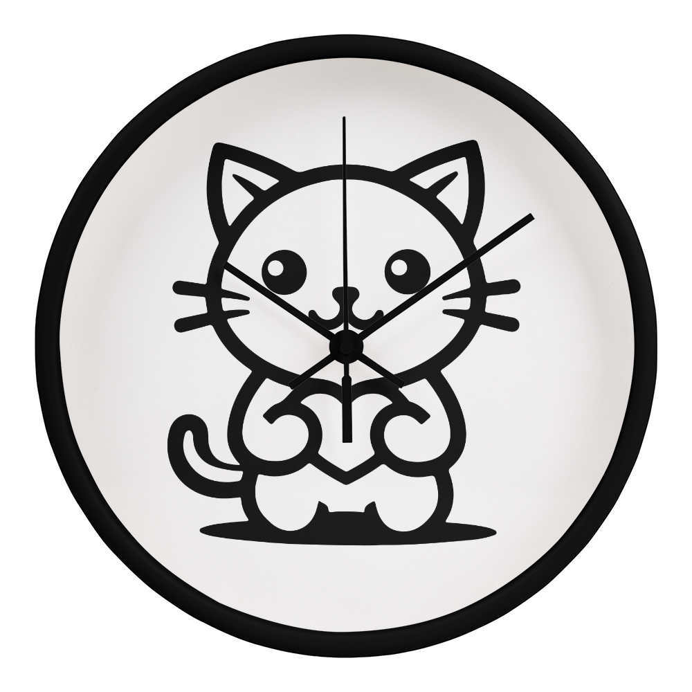 Line art drawing of a cat on a 10" wood frame "Tick Tock Kitty" clock.