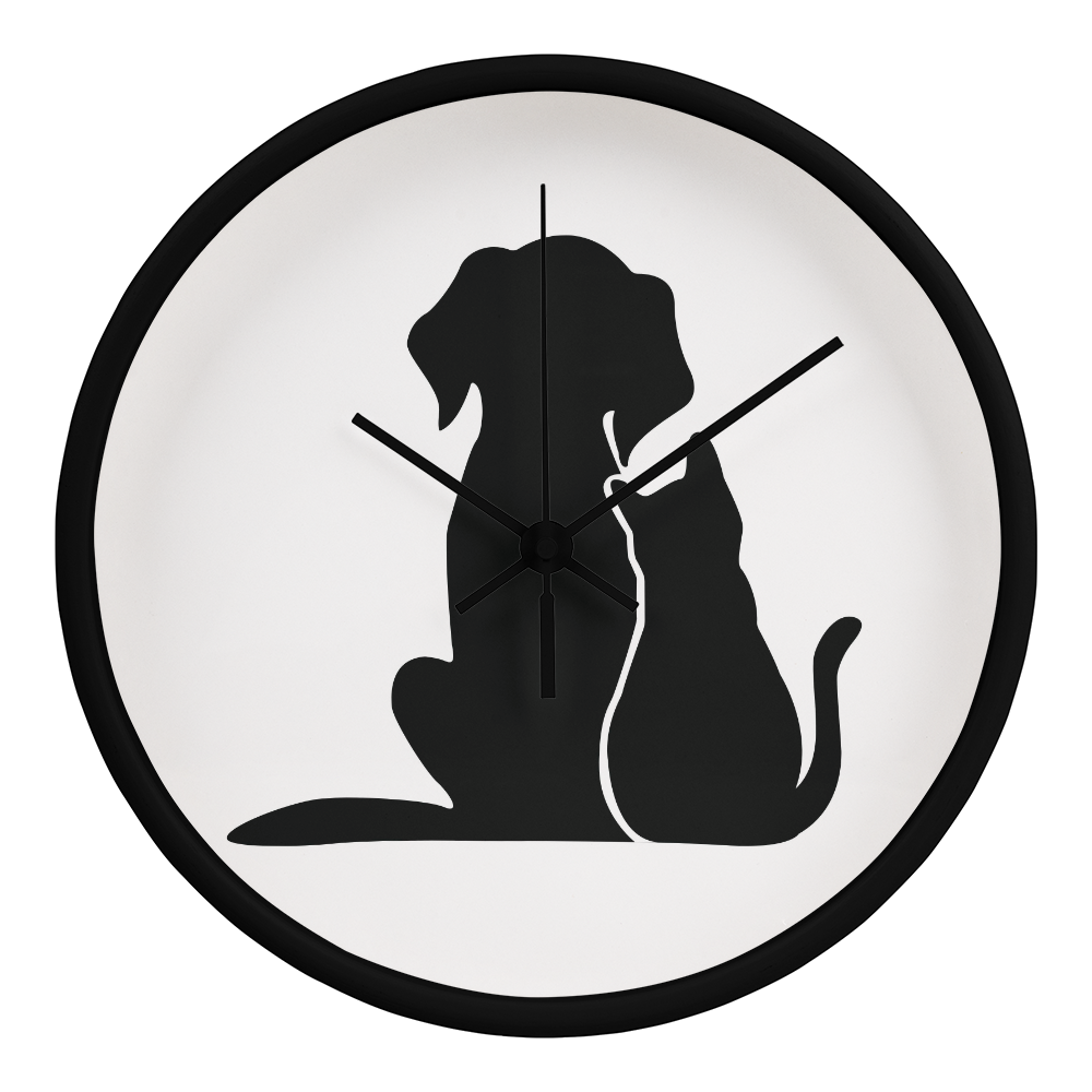 Silhouette of a cat and dog sitting closely together, depicted on the face of the "Unspeakable Bond" Wood Frame 10" Clock.