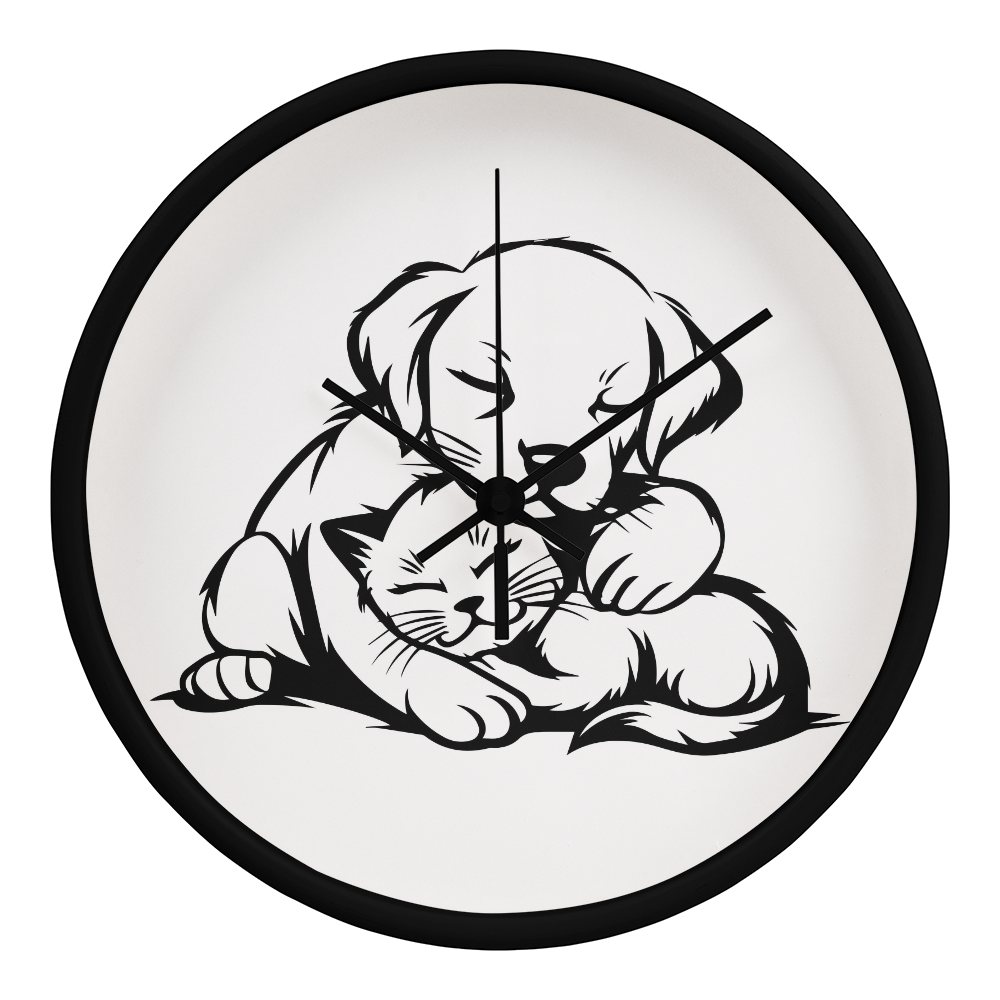 Line art drawing on the "The Art Of Love & Time" Wood Frame 10" Clock depicting a puppy gently embracing a kitten.