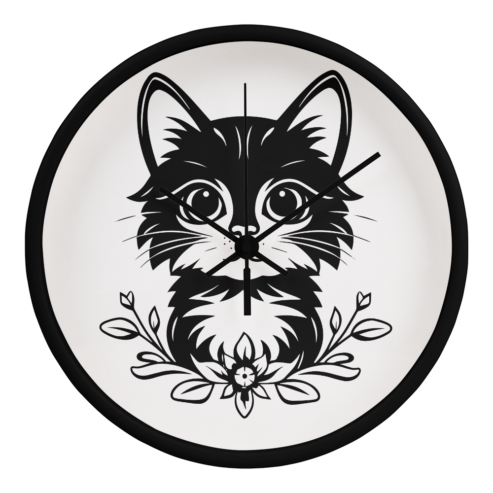 Black and white line art of a kitten sitting among flowers on a 10" wood frame "Purfect Timing" clock.