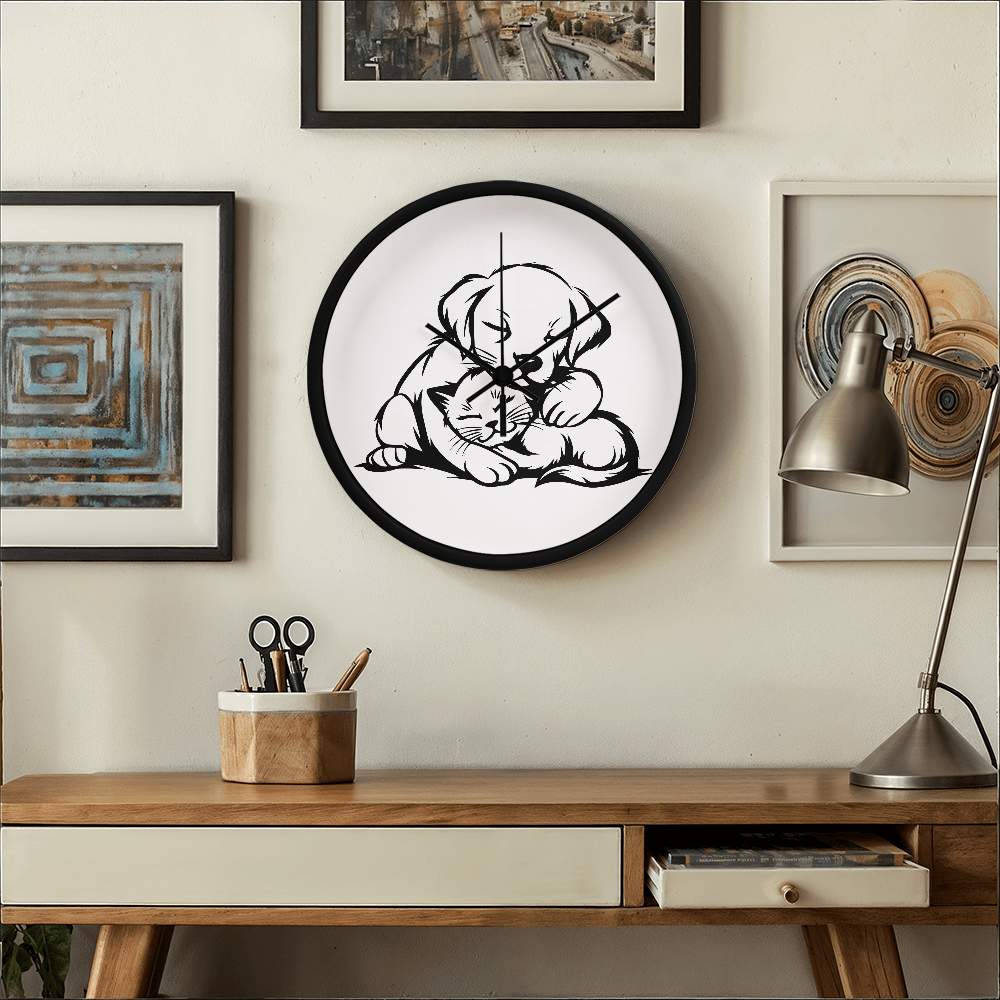 Line art drawing on the "The Art Of Love & Time" Wood Frame 10" Clock depicting a puppy gently embracing a kitten.
