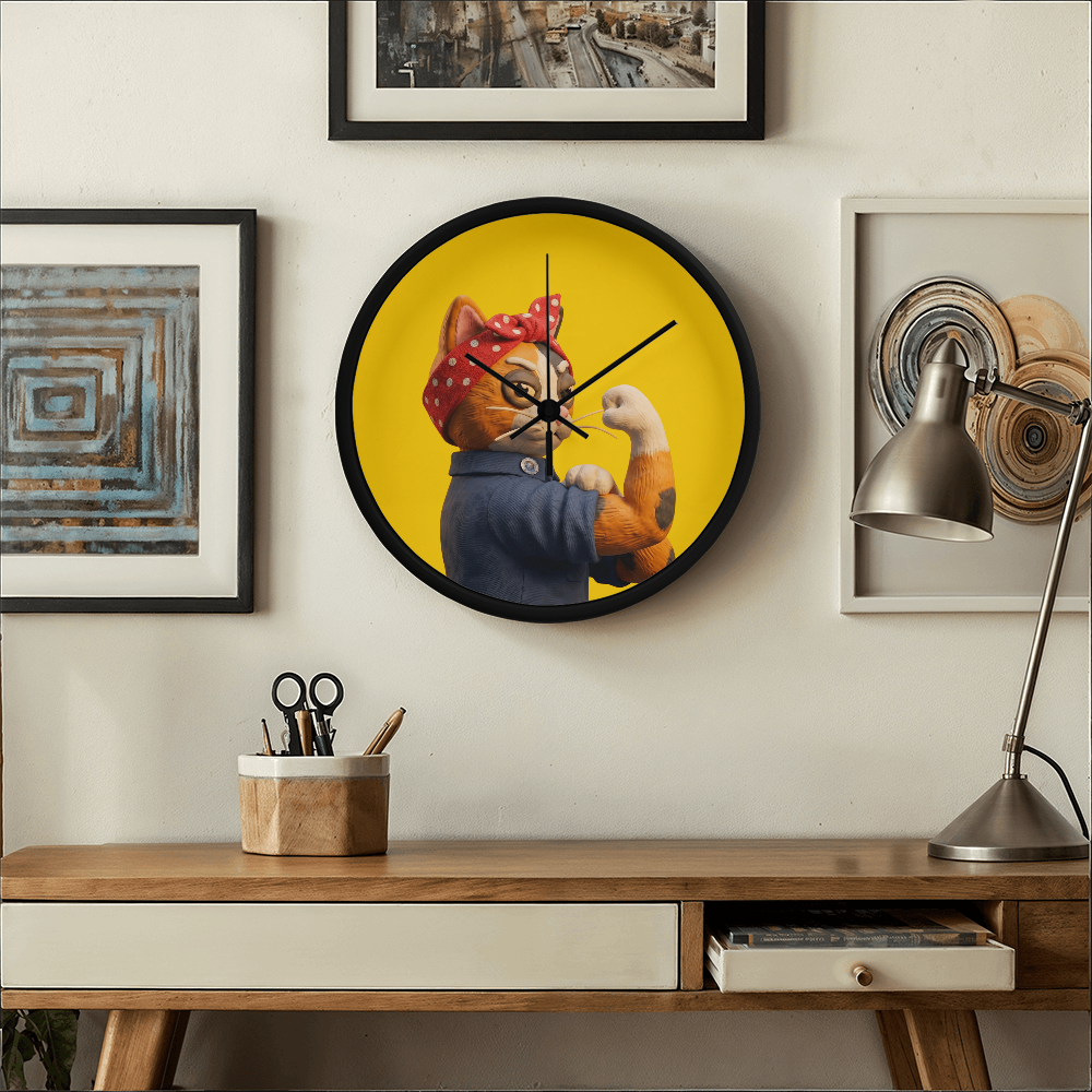 Wood frame wall clock with pop art cat design displayed on white shelf with decorative books and accessories