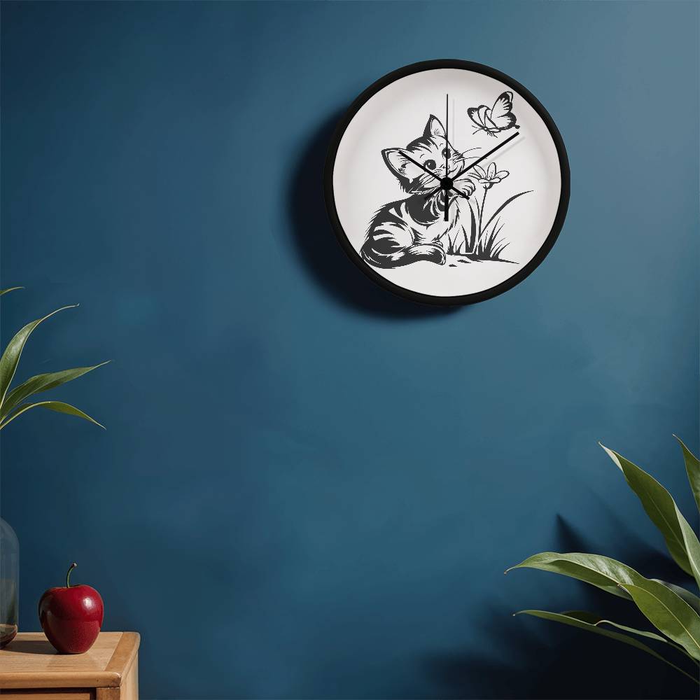 Butterfly Kitty -  Wood Frame 10” Clock