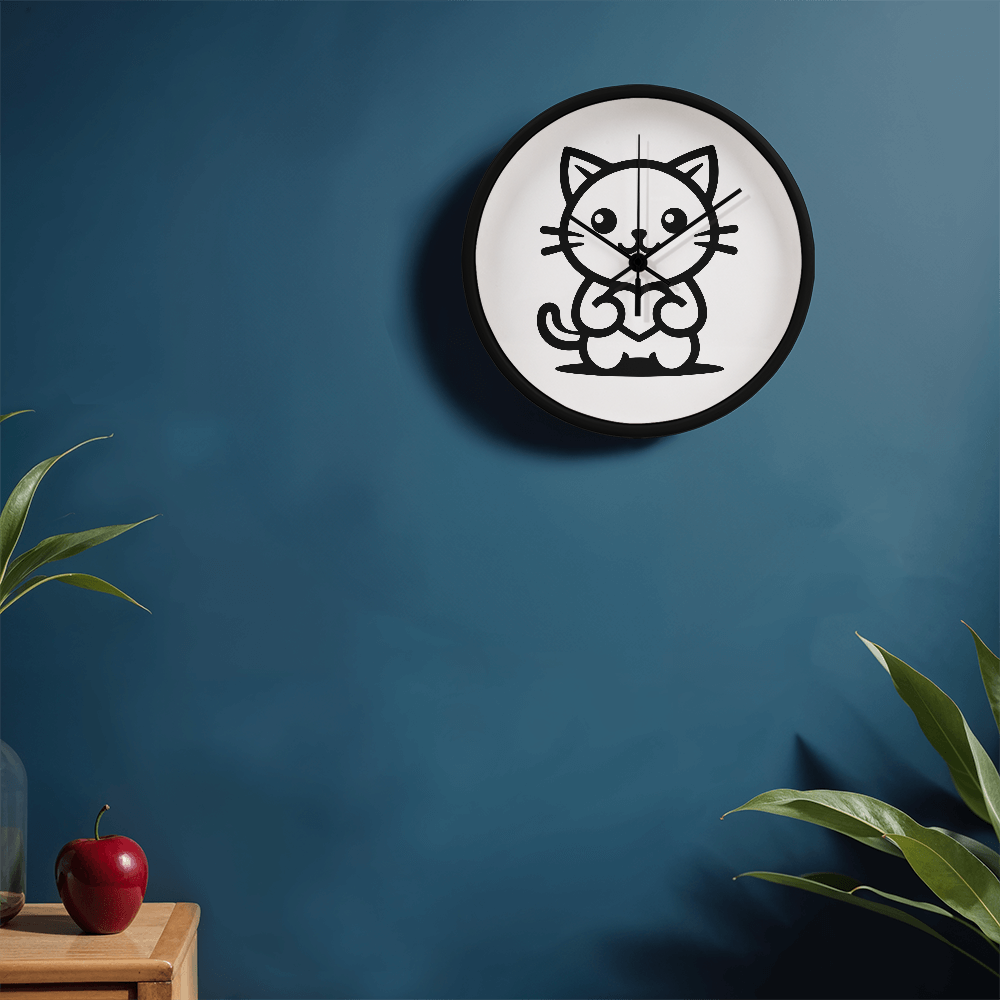 Line art drawing of a cat on a 10" wood frame "Tick Tock Kitty" clock.