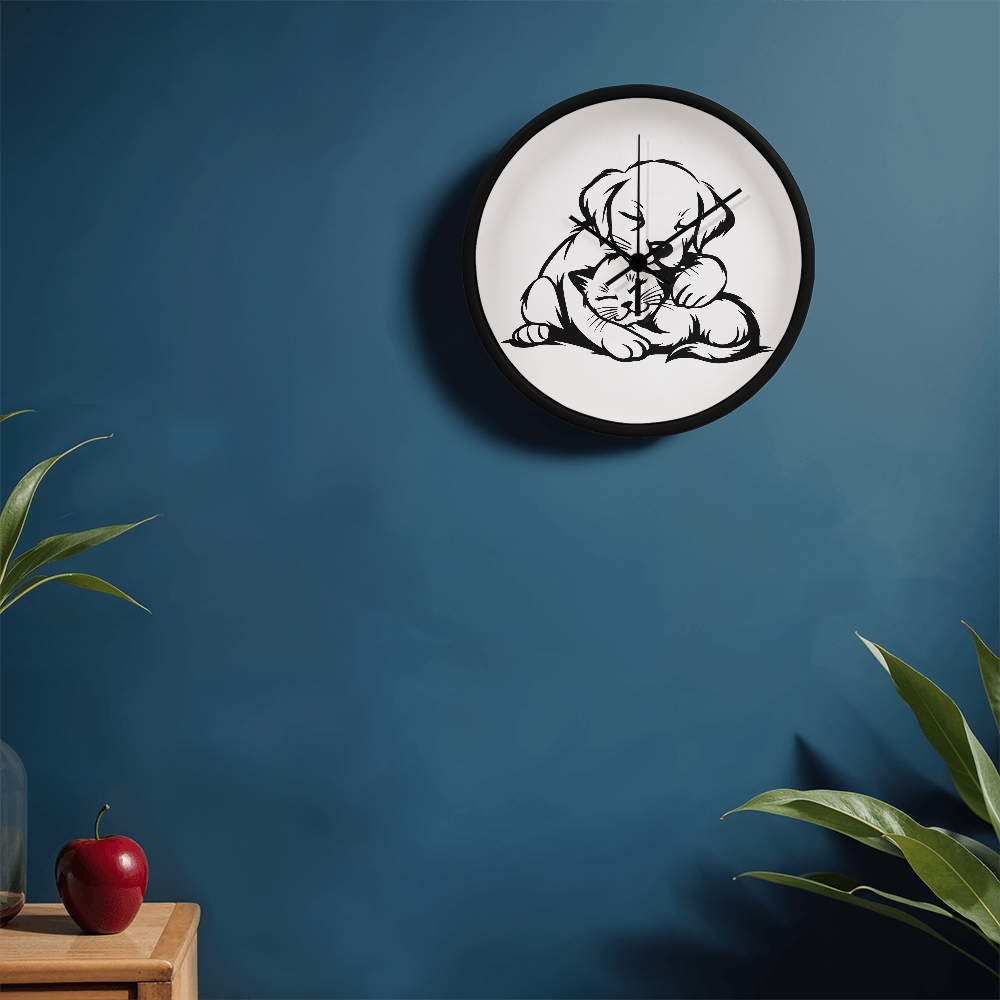 Line art drawing on the "The Art Of Love & Time" Wood Frame 10" Clock depicting a puppy gently embracing a kitten.