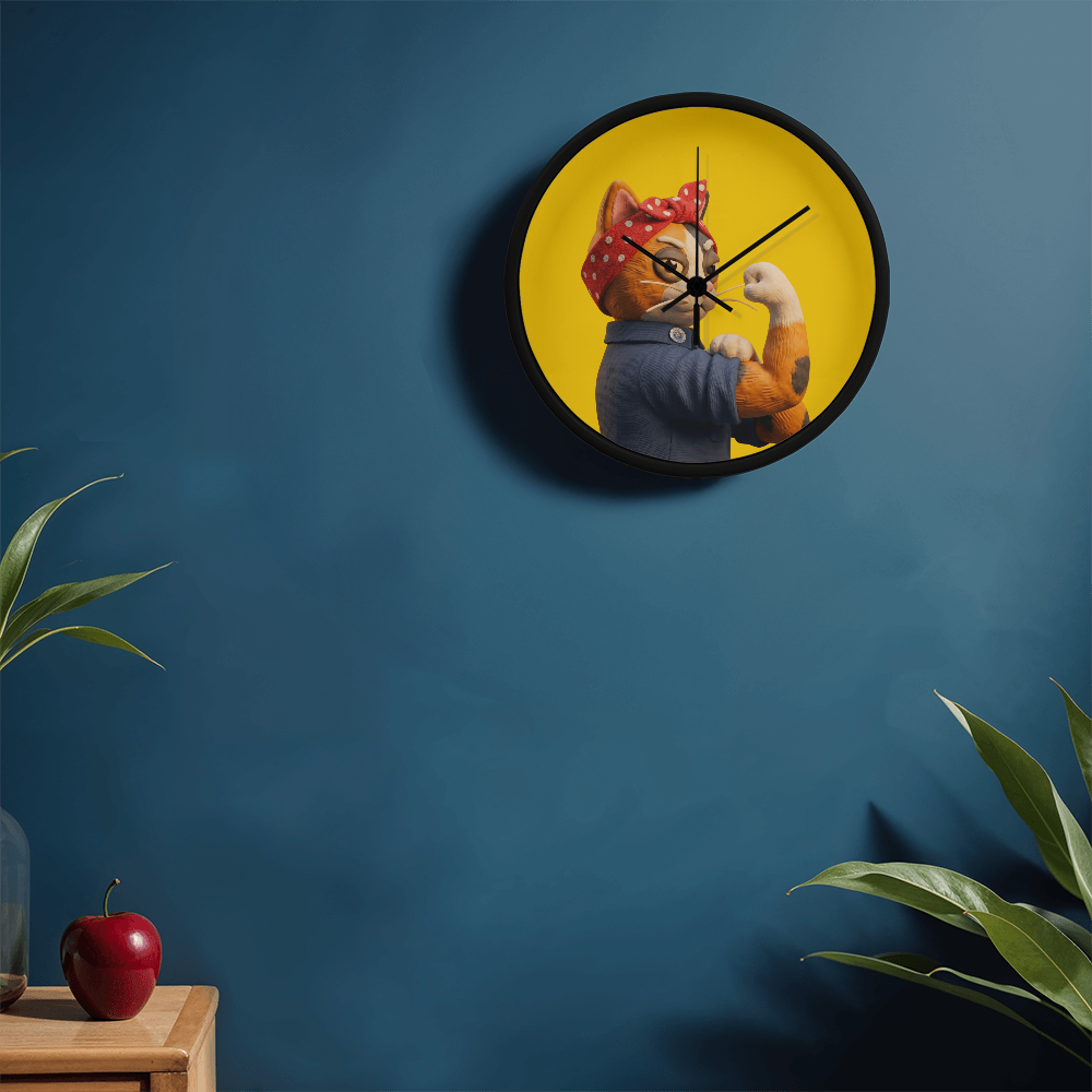 Vibrant pop art claymation multicolored calico cat illustration on yellow background on teal wall.
