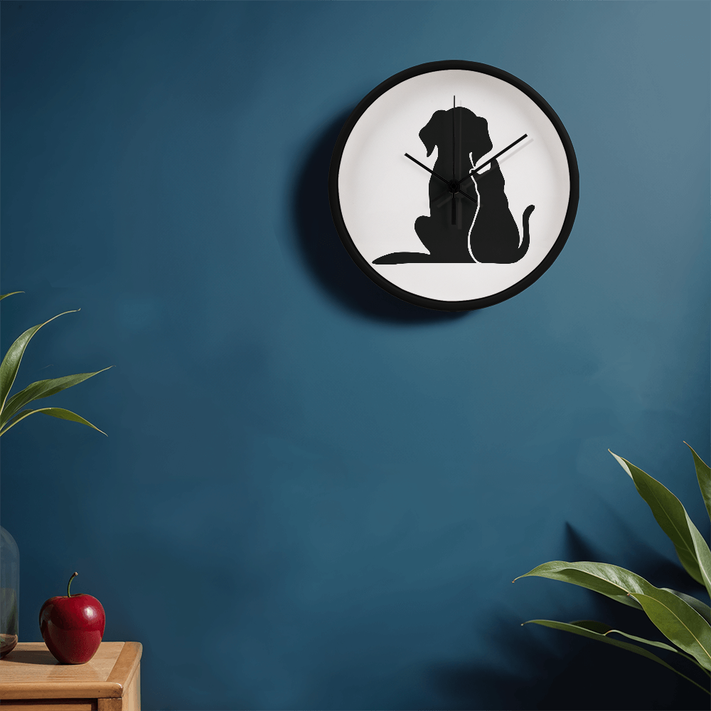 Silhouette of a cat and dog sitting closely together, depicted on the face of the "Unspeakable Bond" Wood Frame 10" Clock.
