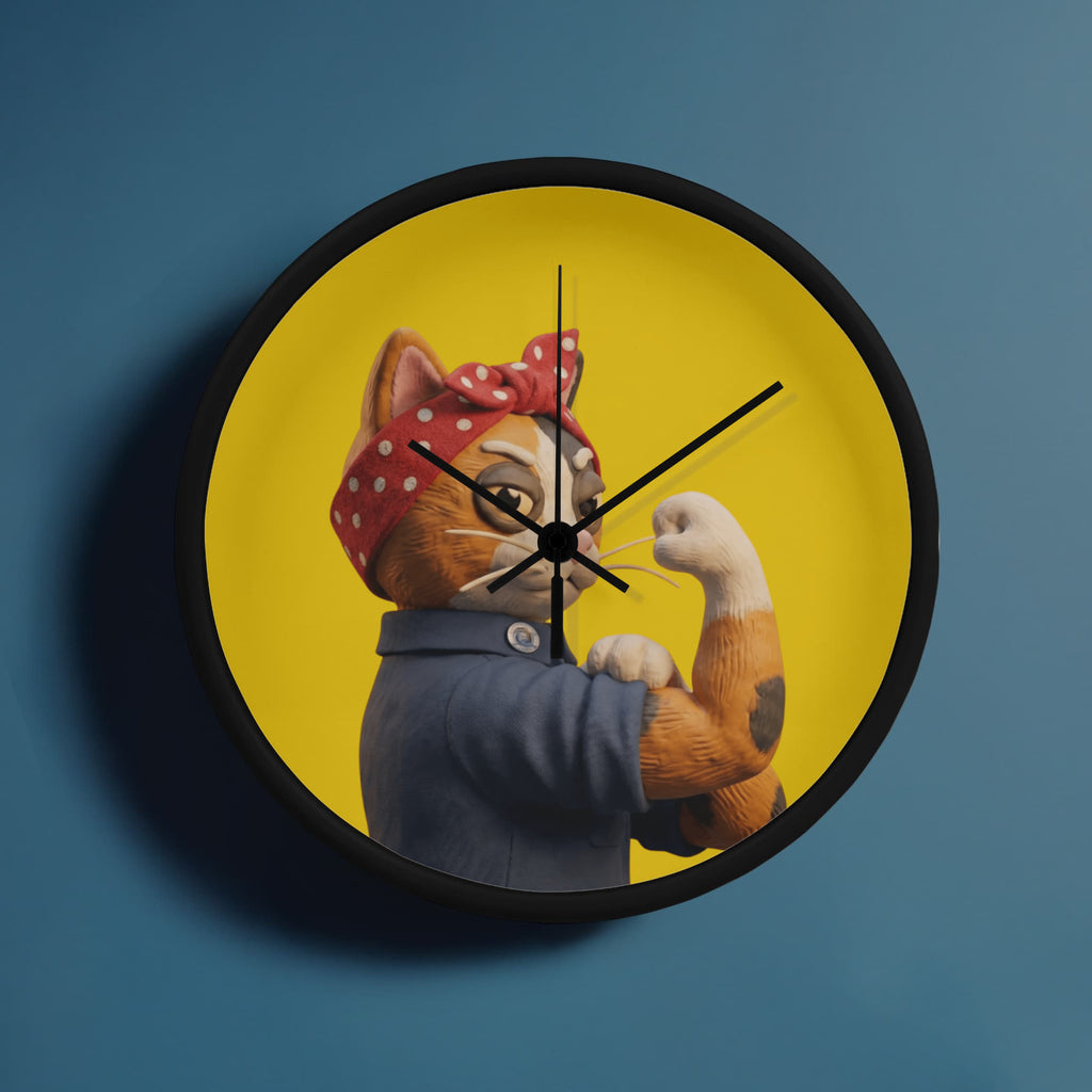 Yellow Still Fighting wood frame 10" wall clock against dark teal background