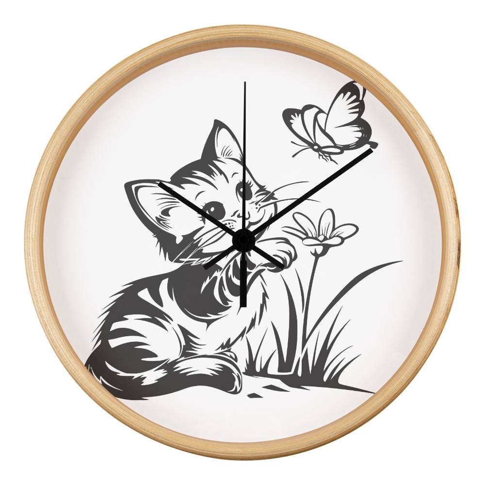 Butterfly Kitty -  Wood Frame 10” Clock