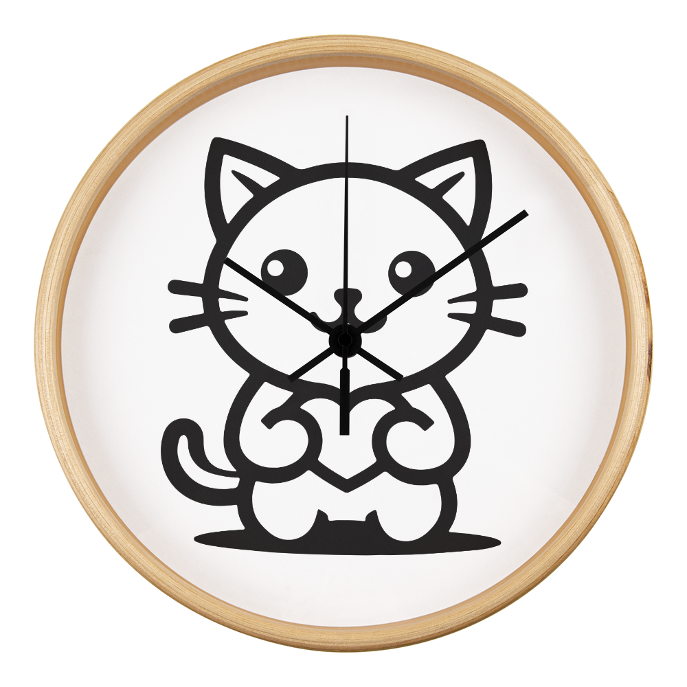 Line art drawing of a cat on a 10" wood frame "Tick Tock Kitty" clock.