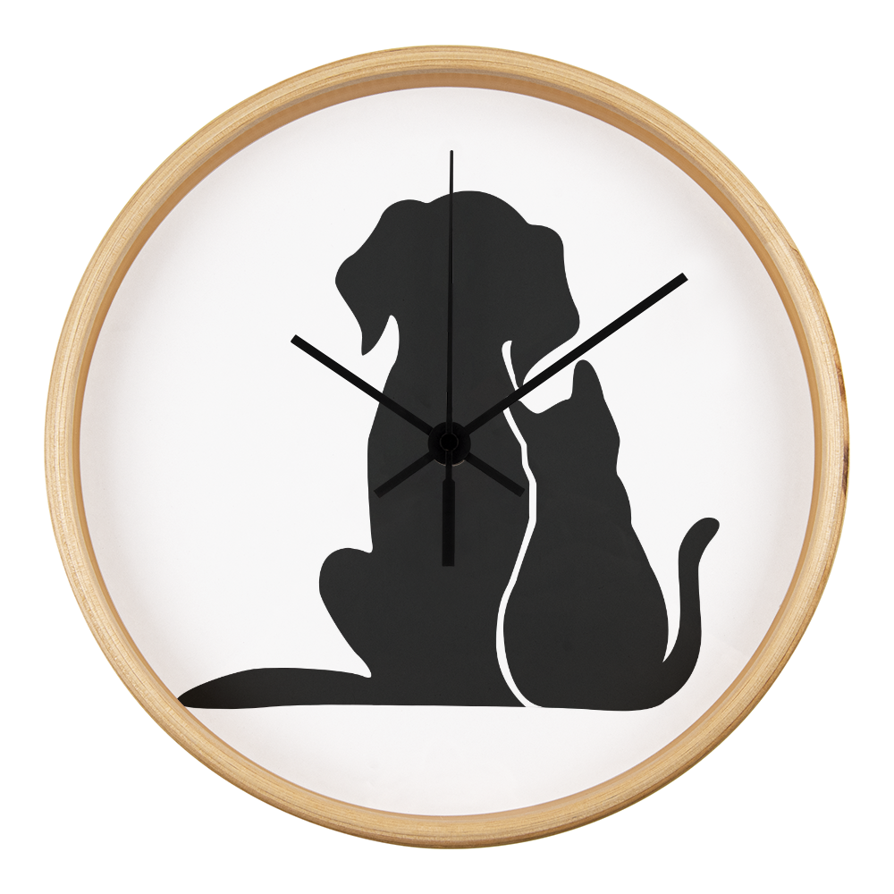 Silhouette of a cat and dog sitting closely together, depicted on the face of the "Unspeakable Bond" Wood Frame 10" Clock.
