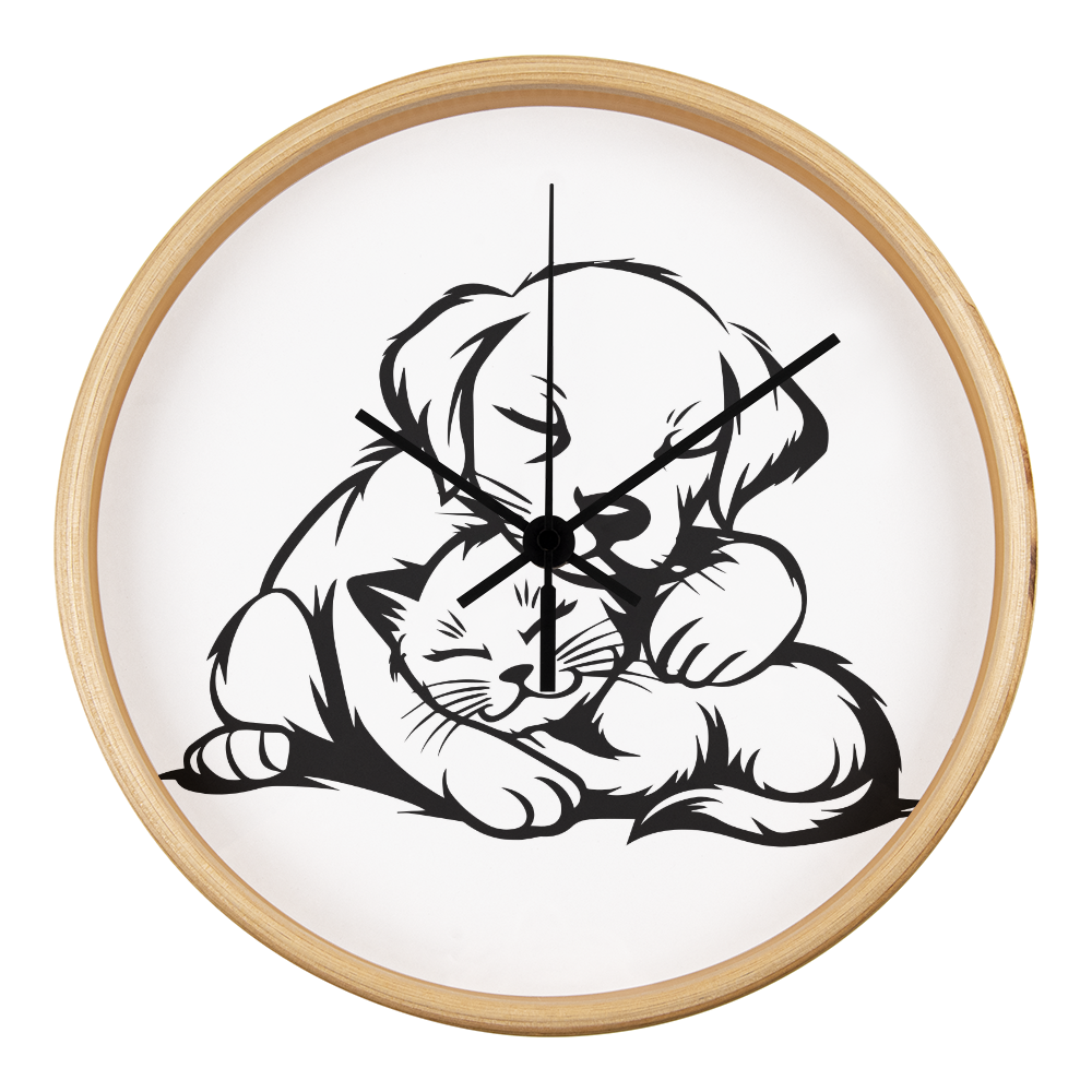 Line art drawing on the "The Art Of Love & Time" Wood Frame 10" Clock depicting a puppy gently embracing a kitten.
