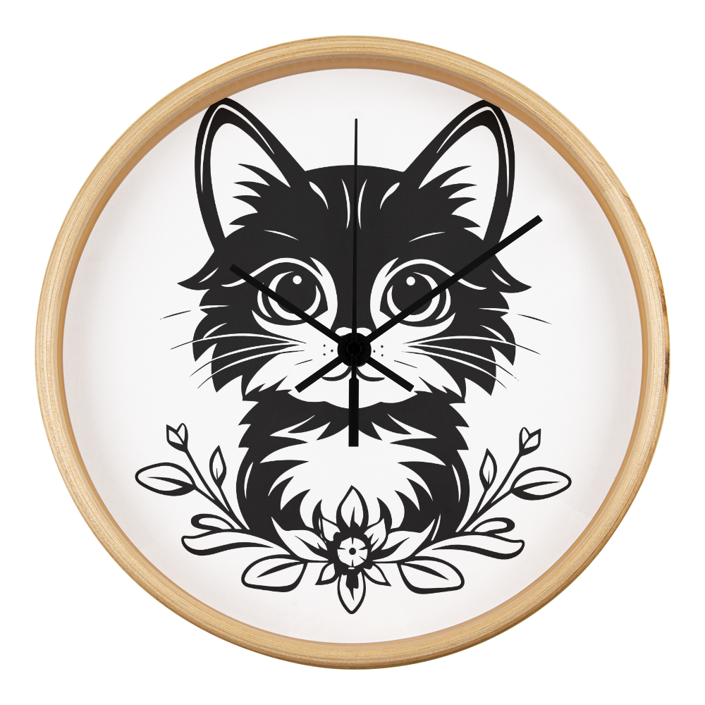 Black and white line art of a kitten sitting among flowers on a 10" wood frame "Purfect Timing" clock.