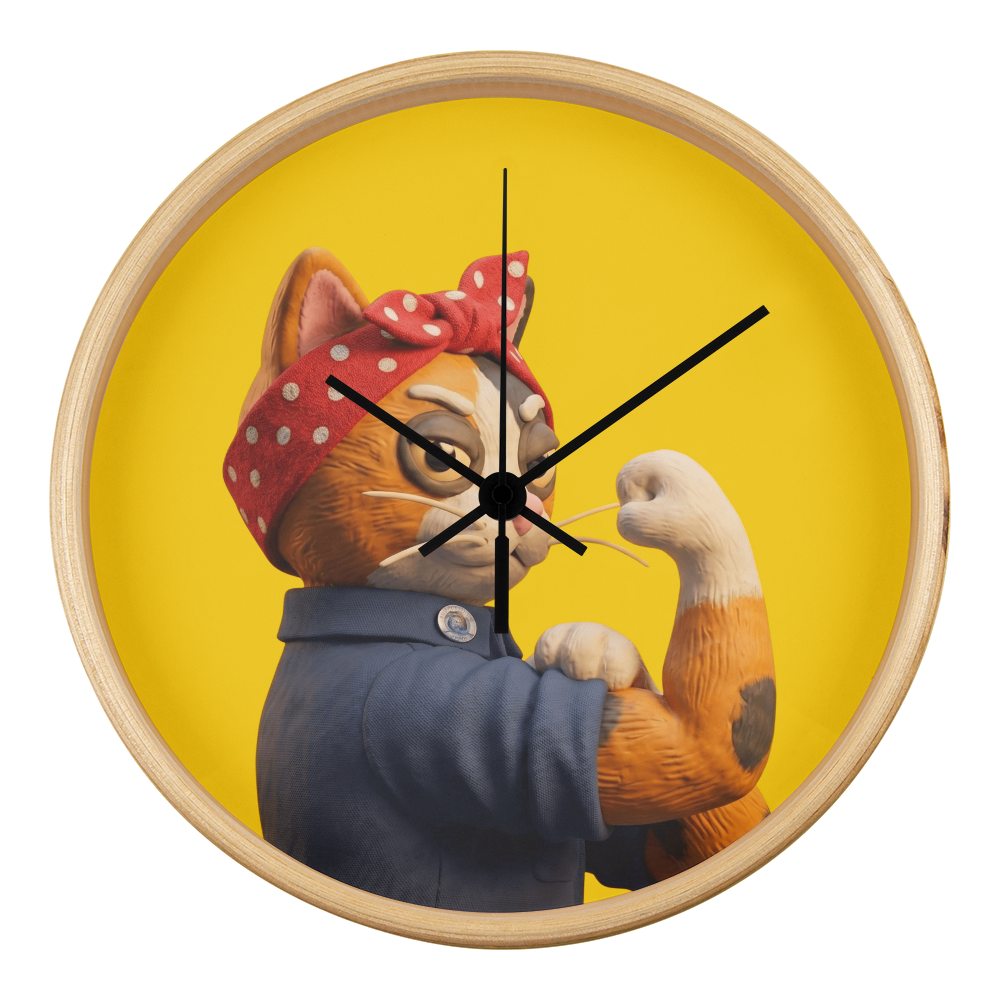 Yellow wood frame 10" wall clock featuring Still Fighting calico cat design, front view