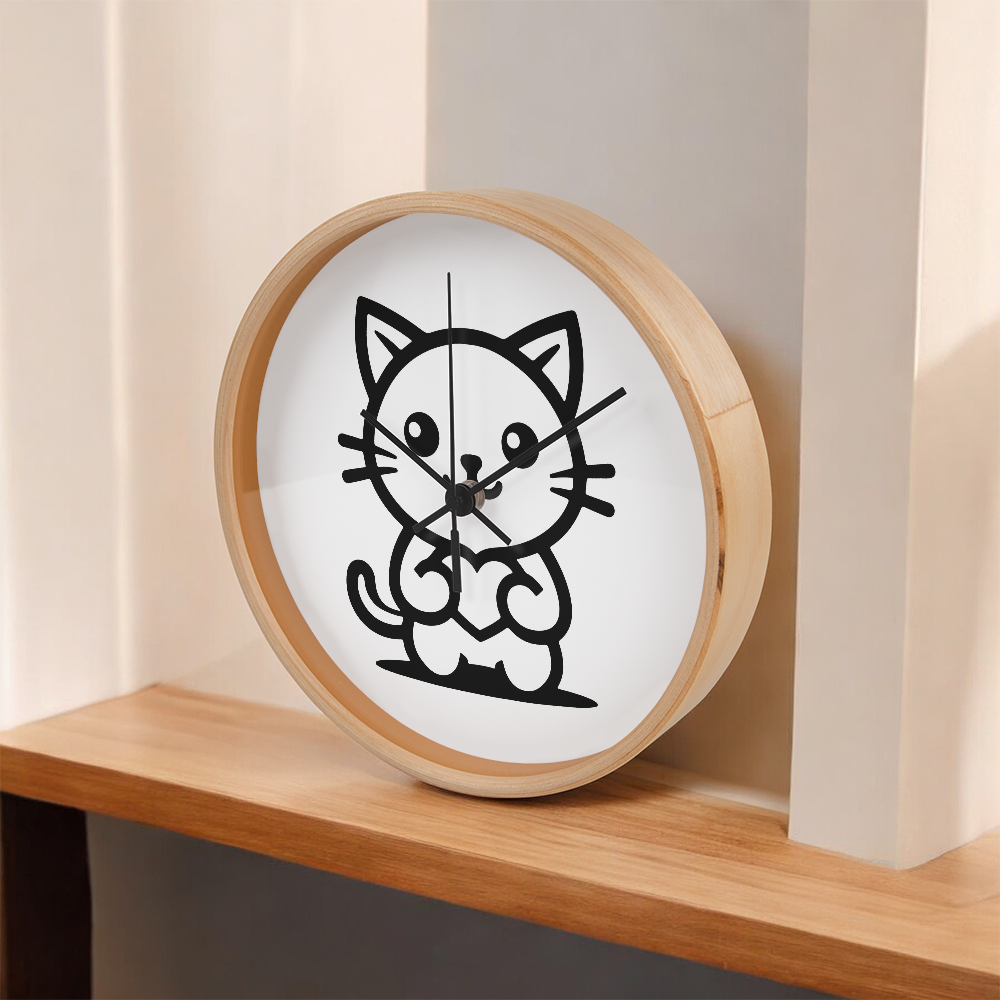 Line art drawing of a cat on a 10" wood frame "Tick Tock Kitty" clock.