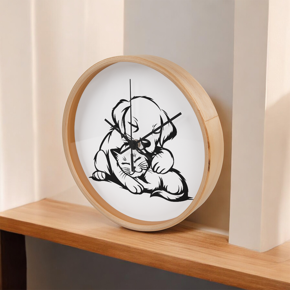 Line art drawing on the "The Art Of Love & Time" Wood Frame 10" Clock depicting a puppy gently embracing a kitten.
