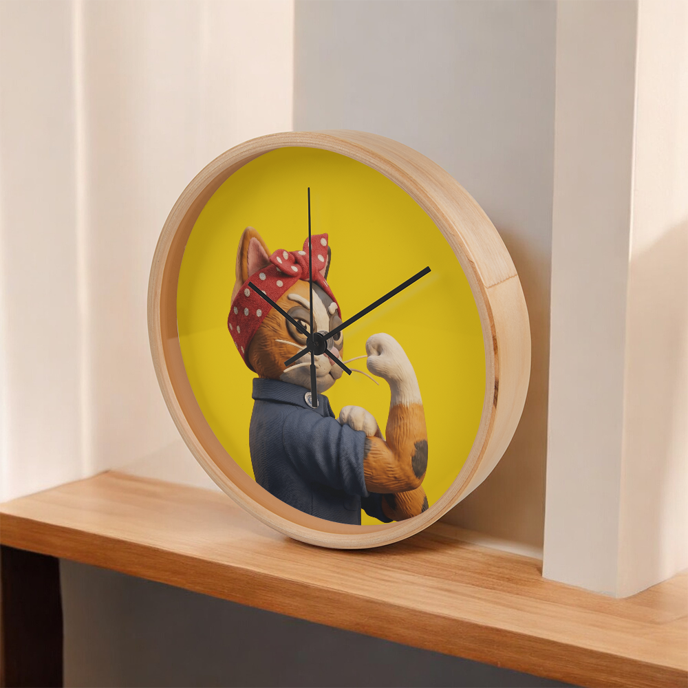 Yellow Still Fighting wood frame clock displayed on wooden shelf, lifestyle view
