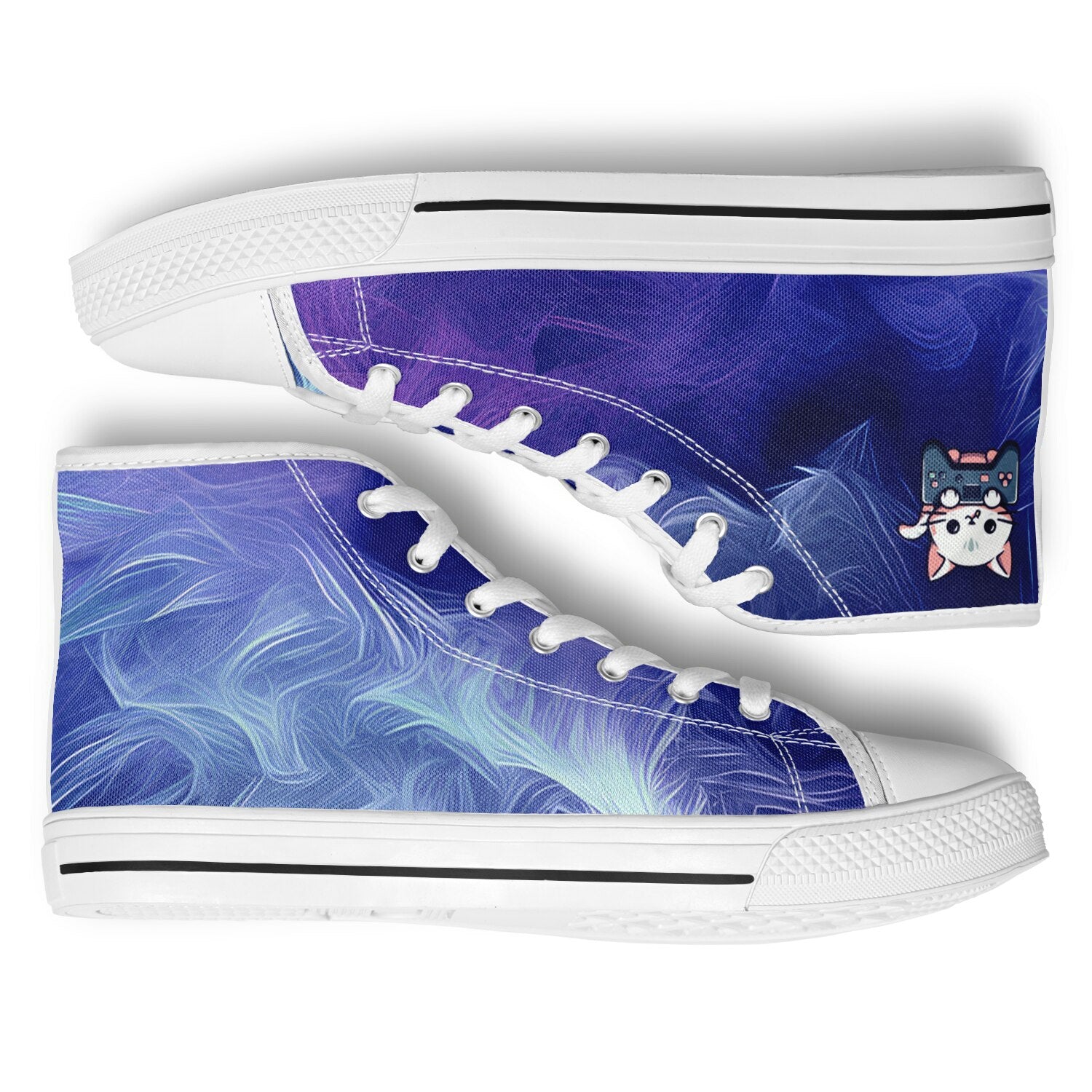  Purple Game High Tops: Vibrant purple fur all-over print with cartoon cat holding joystick graphic.