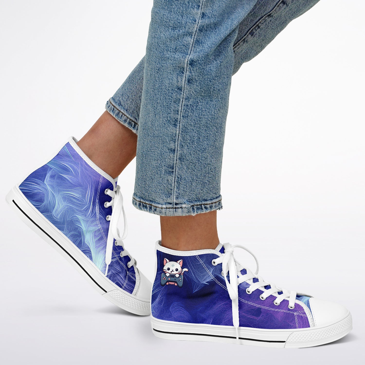  Purple Game High Tops: Vibrant purple fur all-over print with cartoon cat holding joystick graphic.