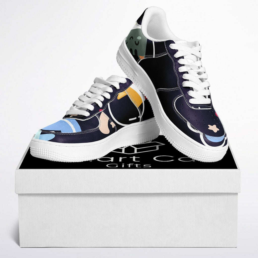 Astro Kitty sneakers displayed on box: space scene with cat in helmet, stars, and moon, on blue shoes.