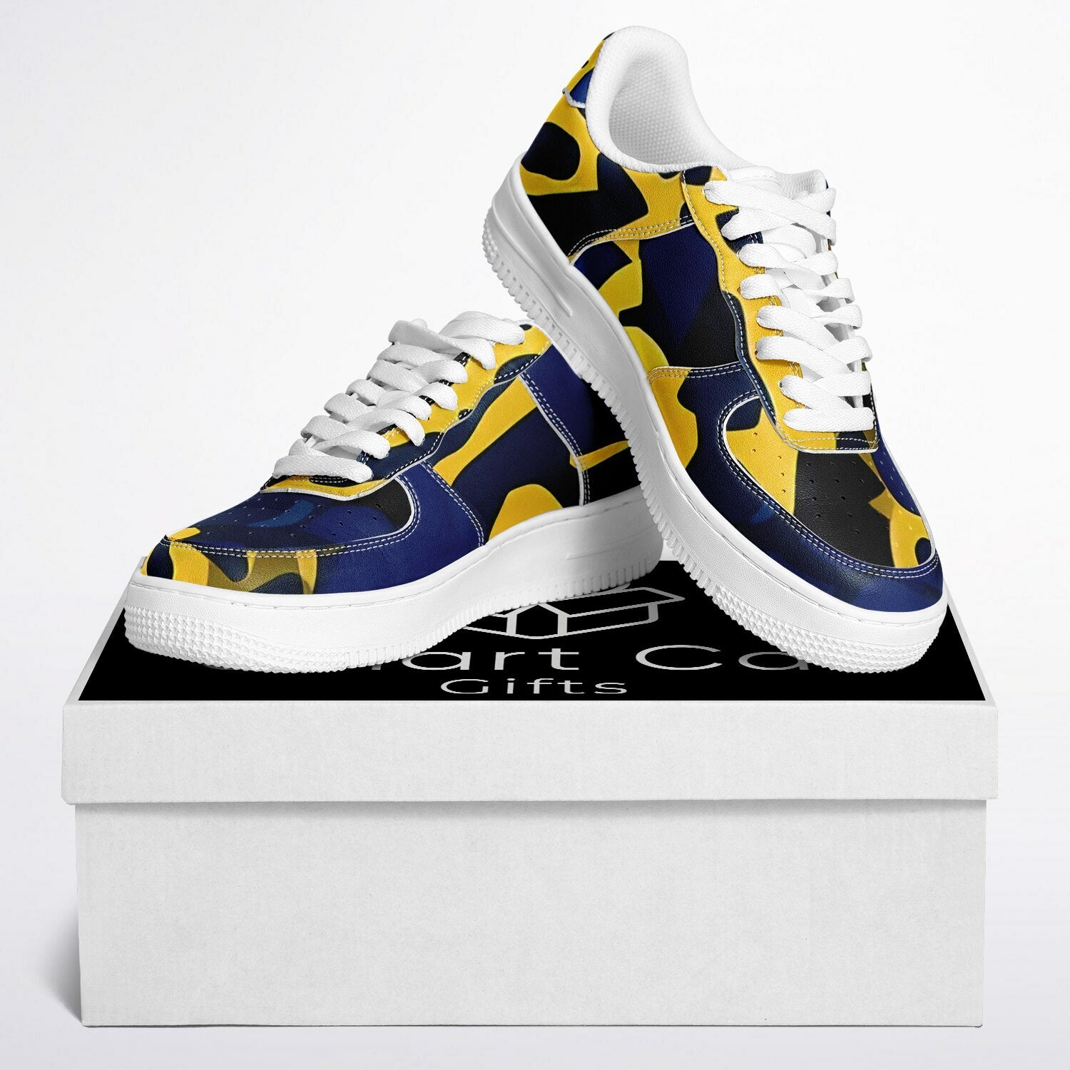 Vibrant Leopard Sneakers, low top sneakers with bold blue and yellow leopard pattern, on someone's feet.