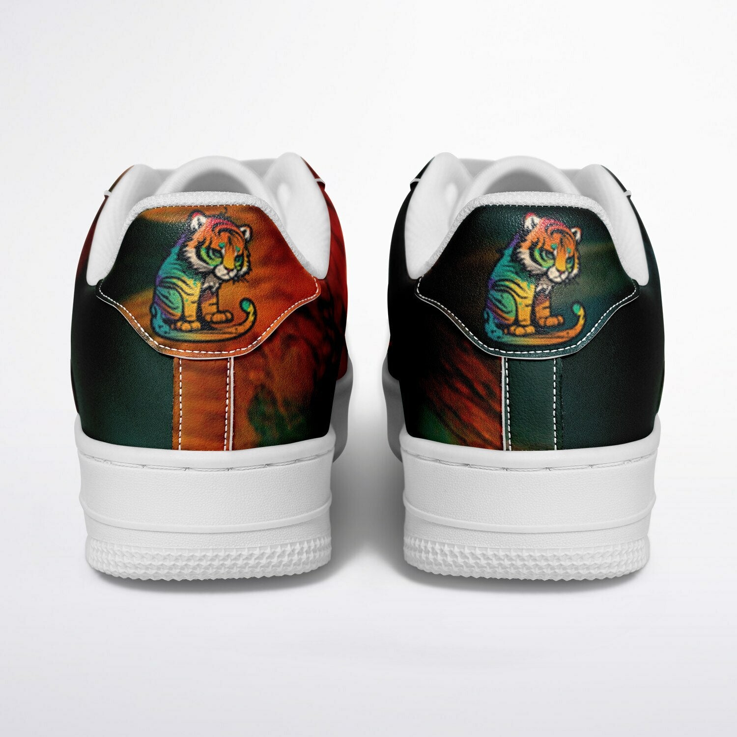 Tiger Nova sneakers, back view: baby tiger emblem, stardust pattern, red, yellow, orange on green. 