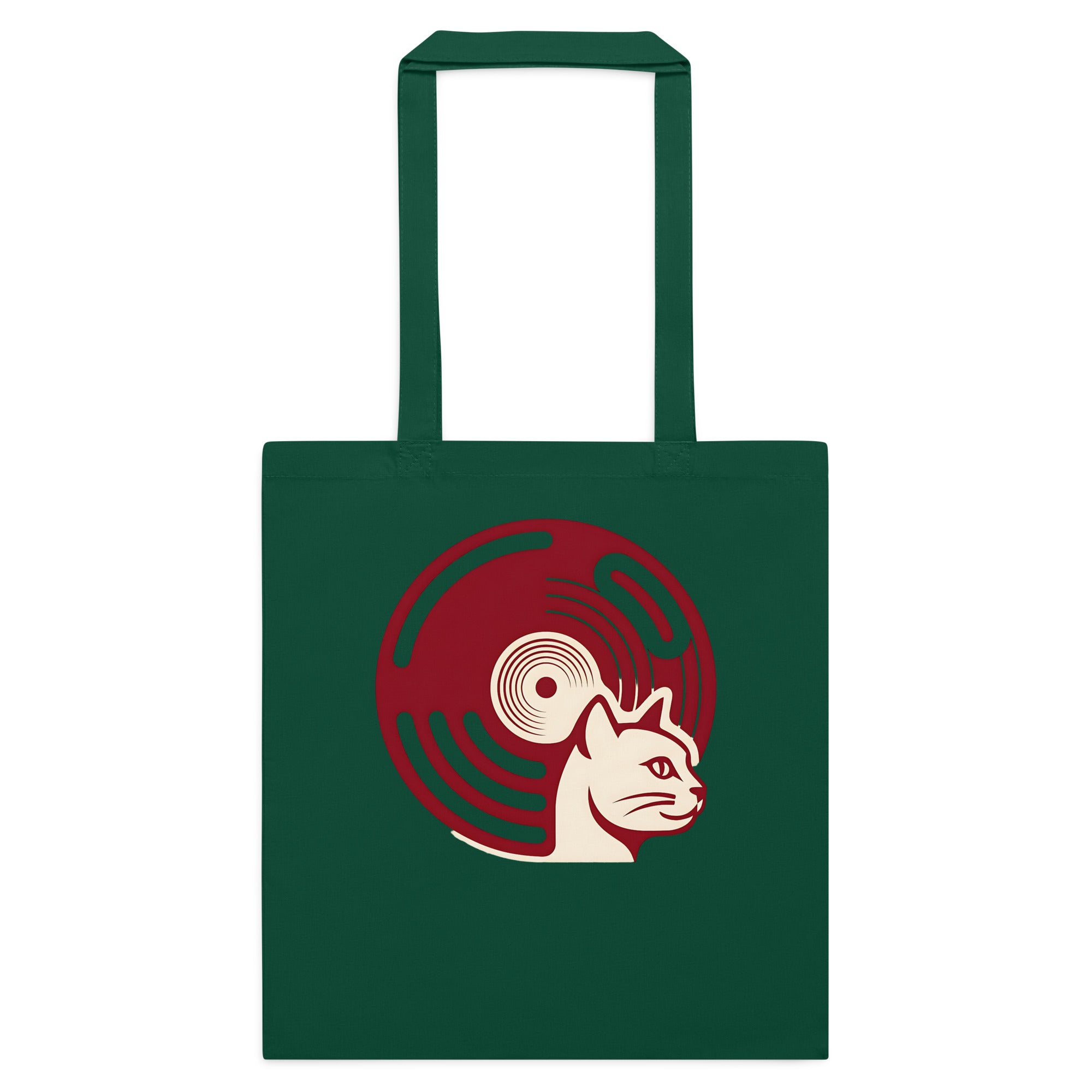 Dark green cotton tote bag with retro vinyl and cat graphic on front