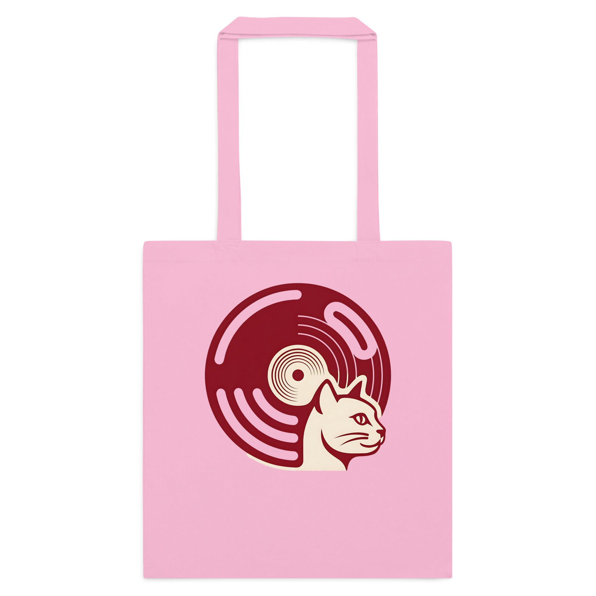Pink cotton tote bag with retro vinyl and cat graphic on front