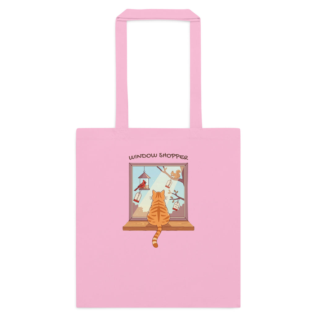 Classic pink cotton tote with Window Shopper tabby cat watching birds from a windowsill