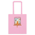 Classic pink cotton tote with Window Shopper tabby cat watching birds from a windowsill