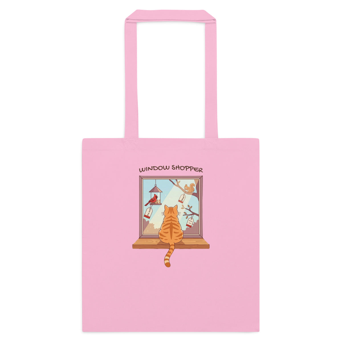 Classic pink cotton tote with Window Shopper tabby cat watching birds from a windowsill